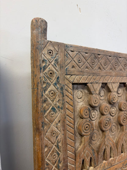 Morocco Medina Antique Hand-Carved Geometric Wood Window Door with Rosette Motifs