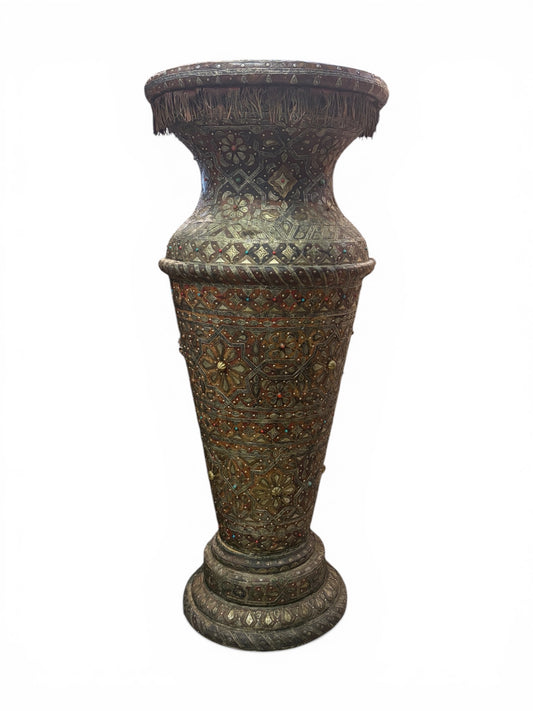 Morocco Medina Extra Large Antique Embossed Metal Floor Vase with Geometric Motifs and Stone Accents