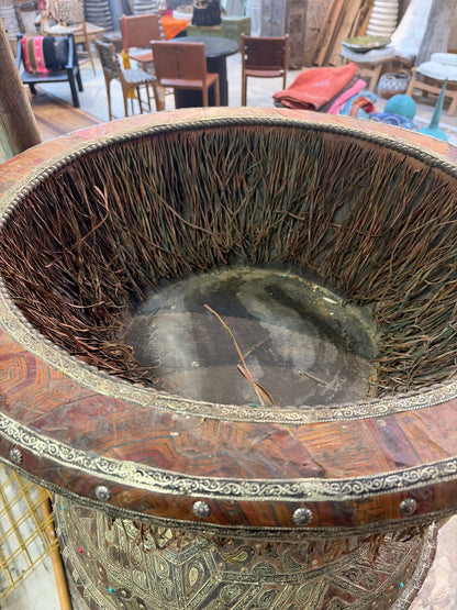 Morocco Medina Extra Large Antique Embossed Metal Floor Vase with Geometric Motifs and Stone Accents