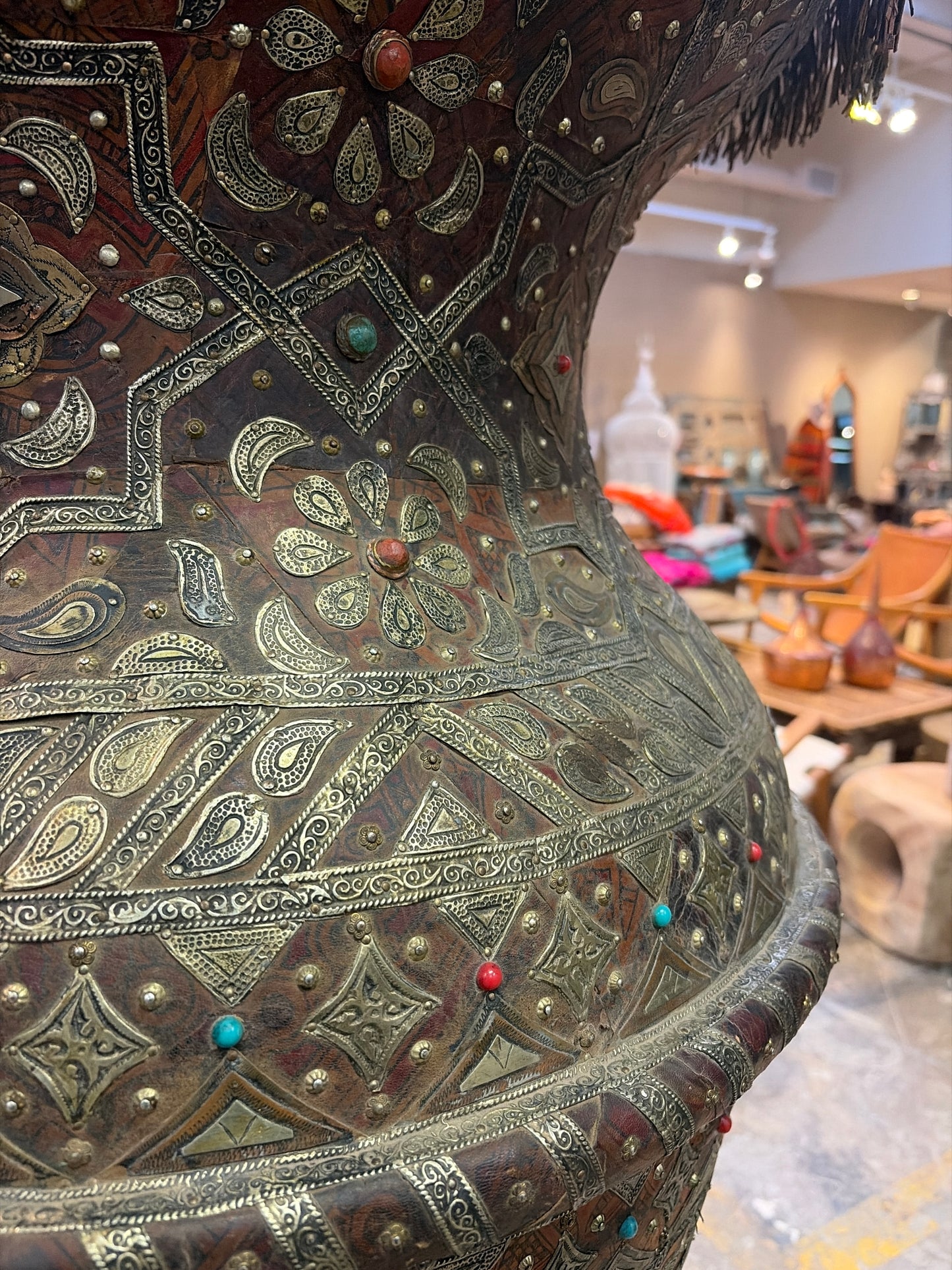 Morocco Medina Extra Large Antique Embossed Metal Floor Vase with Geometric Motifs and Stone Accents