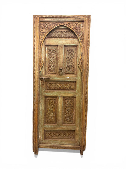 Morocco Medina Large Antique Hand-Carved Geometric Panel Door with Distressed Green Patina and Iron Deadbolt