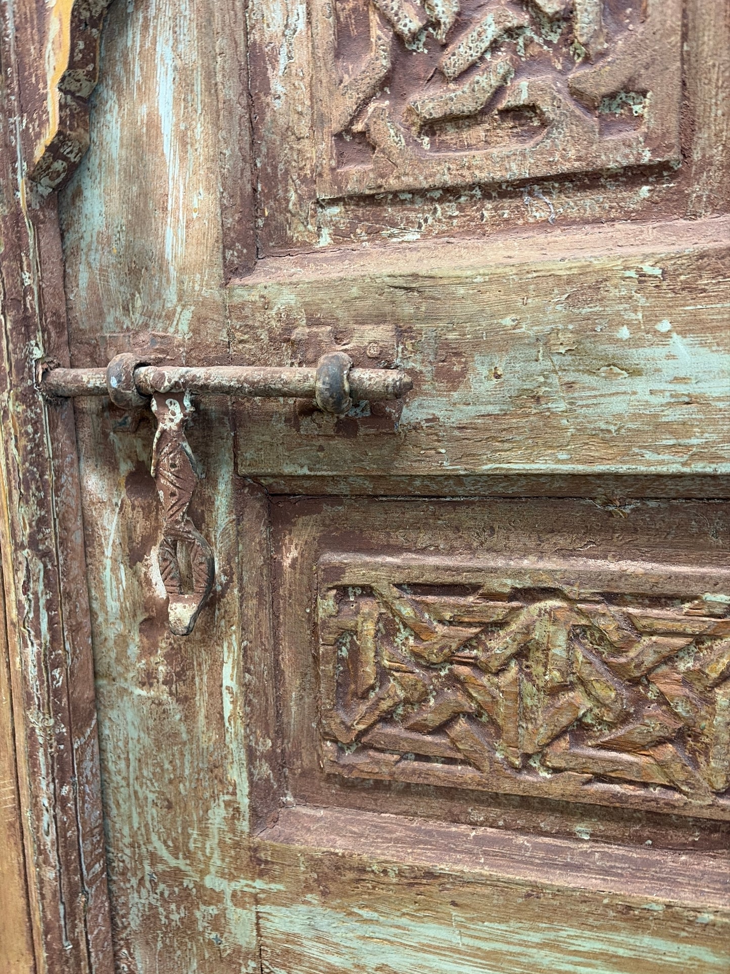 Morocco Medina Large Antique Hand-Carved Geometric Panel Door with Distressed Green Patina and Iron Deadbolt