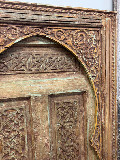 Morocco Medina Large Antique Hand-Carved Geometric Panel Door with Distressed Green Patina and Iron Deadbolt