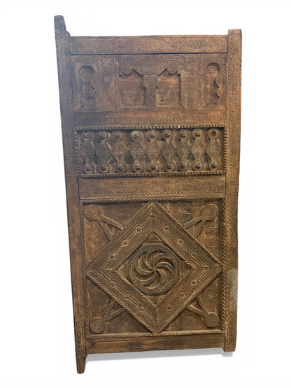 Morocco Medina Large Antique Hand-Carved Dark Wood Panel Door with Intricate Geometric Patterns and Central Rosette Motif