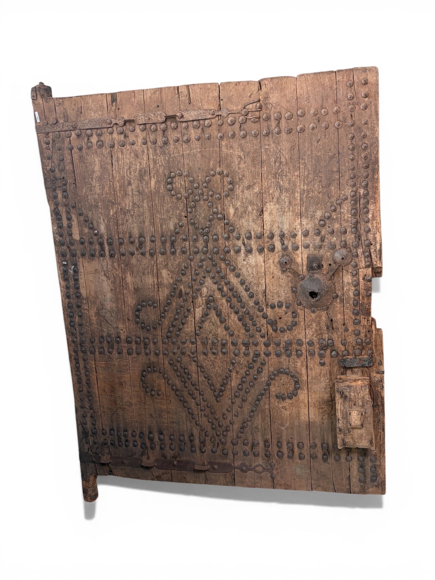 Morocco Medina Large Antique Weathered Wood Door with Geometric Iron Studs and Vintage Metal Lock