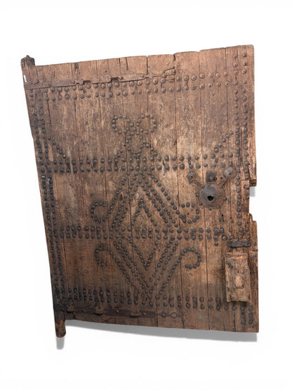 Morocco Medina Large Antique Weathered Wood Door with Geometric Iron Studs and Vintage Metal Lock