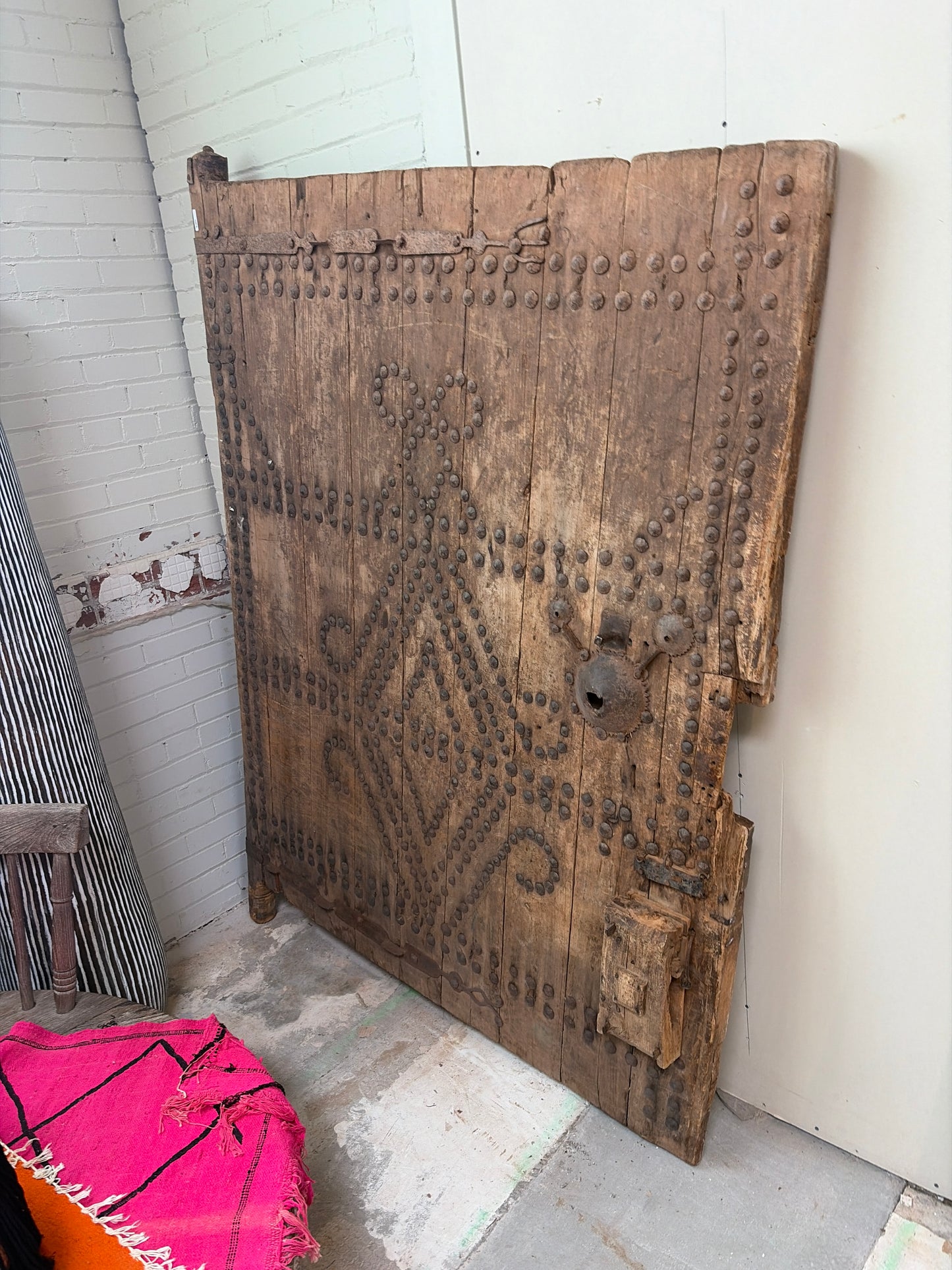 Morocco Medina Large Antique Weathered Wood Door with Geometric Iron Studs and Vintage Metal Lock