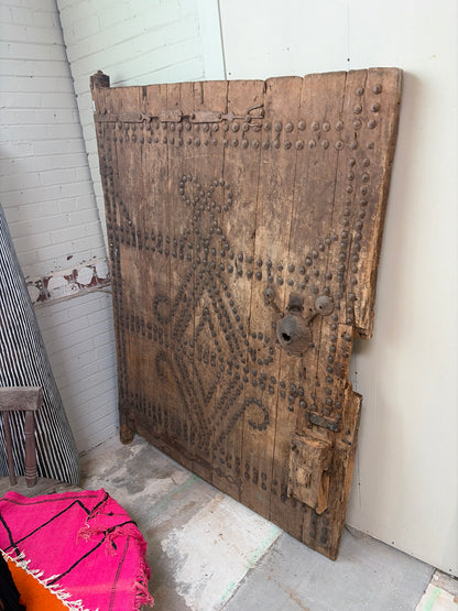 Morocco Medina Large Antique Weathered Wood Door with Geometric Iron Studs and Vintage Metal Lock