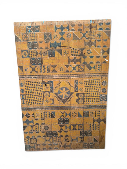 Morocco Medina Large Antique Painted Yellow and Green Zouak Geometric Door with Inset Wicket