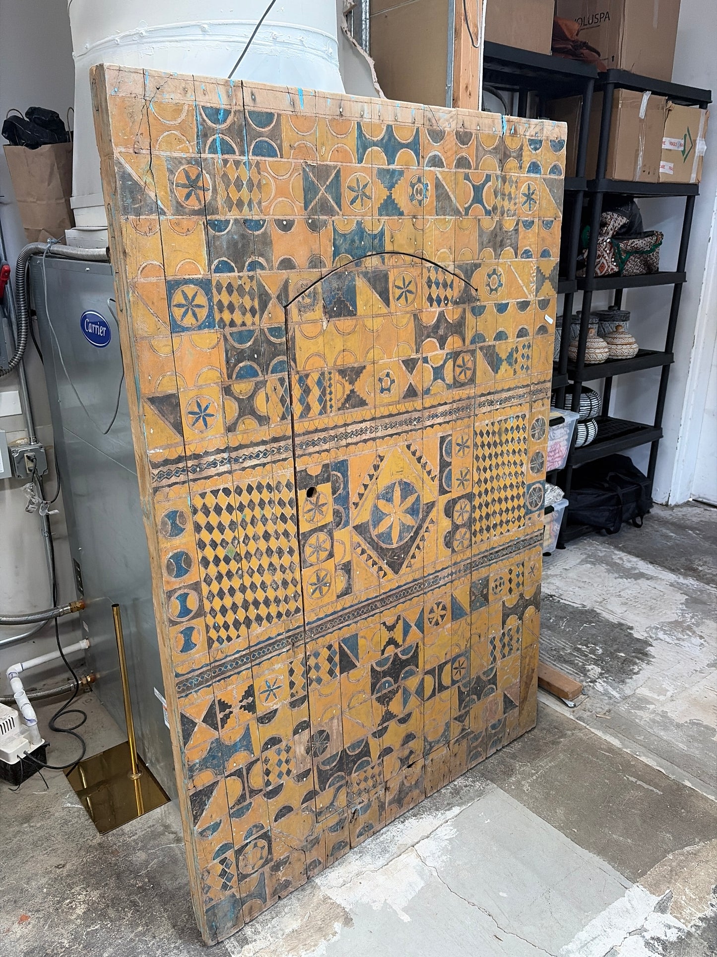 Morocco Medina Large Antique Painted Yellow and Green Zouak Geometric Door with Inset Wicket