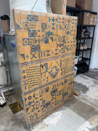 Morocco Medina Large Antique Painted Yellow and Green Zouak Geometric Door with Inset Wicket