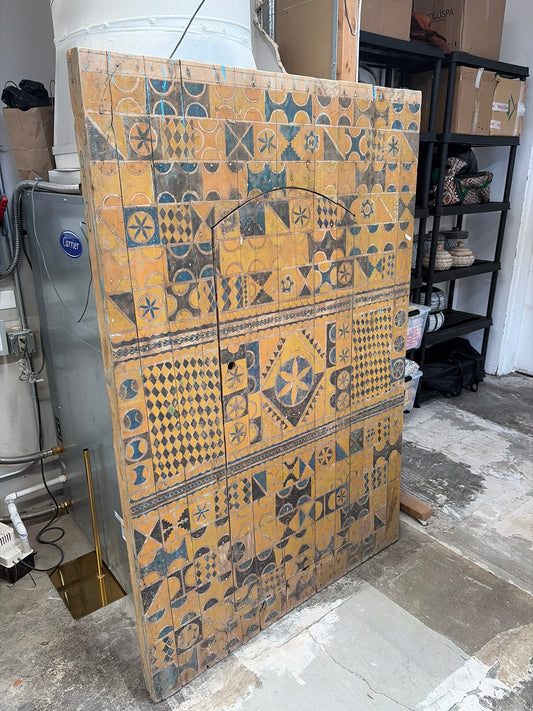 Morocco Medina Large Antique Painted Yellow and Green Zouak Geometric Door with Inset Wicket