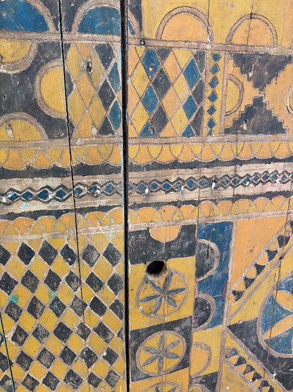 Morocco Medina Large Antique Painted Yellow and Green Zouak Geometric Door with Inset Wicket