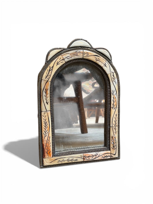 Morocco Medina Bone Inlay & Silver Clad Arched Mirror – Natural & Etched Leaf