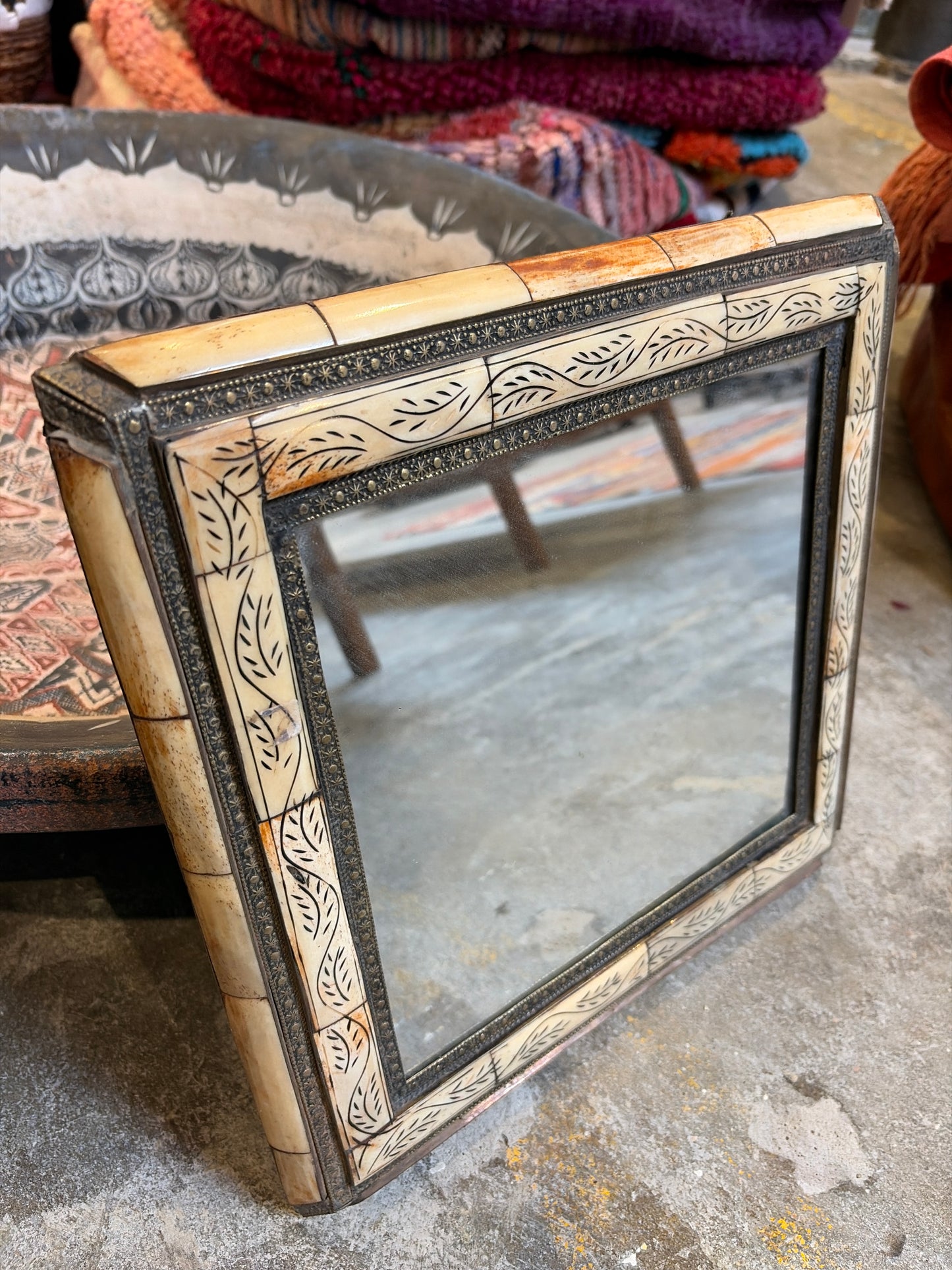 Morocco Medina Bone Inlay & Silver Clad Square Mirror – Natural & Etched Leaf