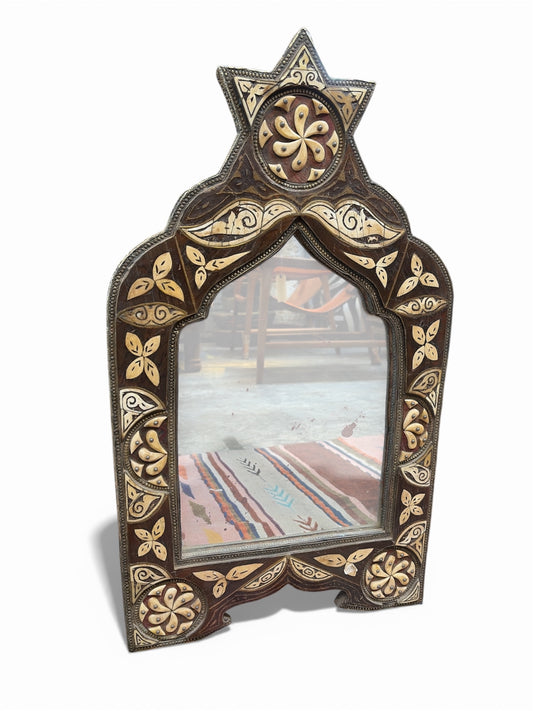 Morocco Medina Bone Inlay & Wood Star Top Mirror – Dark Walnut & Cream