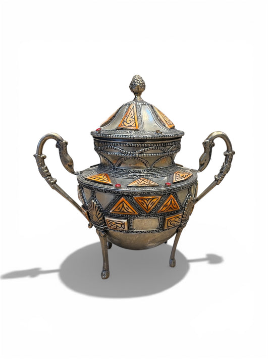 Morocco Medina Engraved Silver & Bone Inlay Lidded Vessel – Antique Silver & Saffron