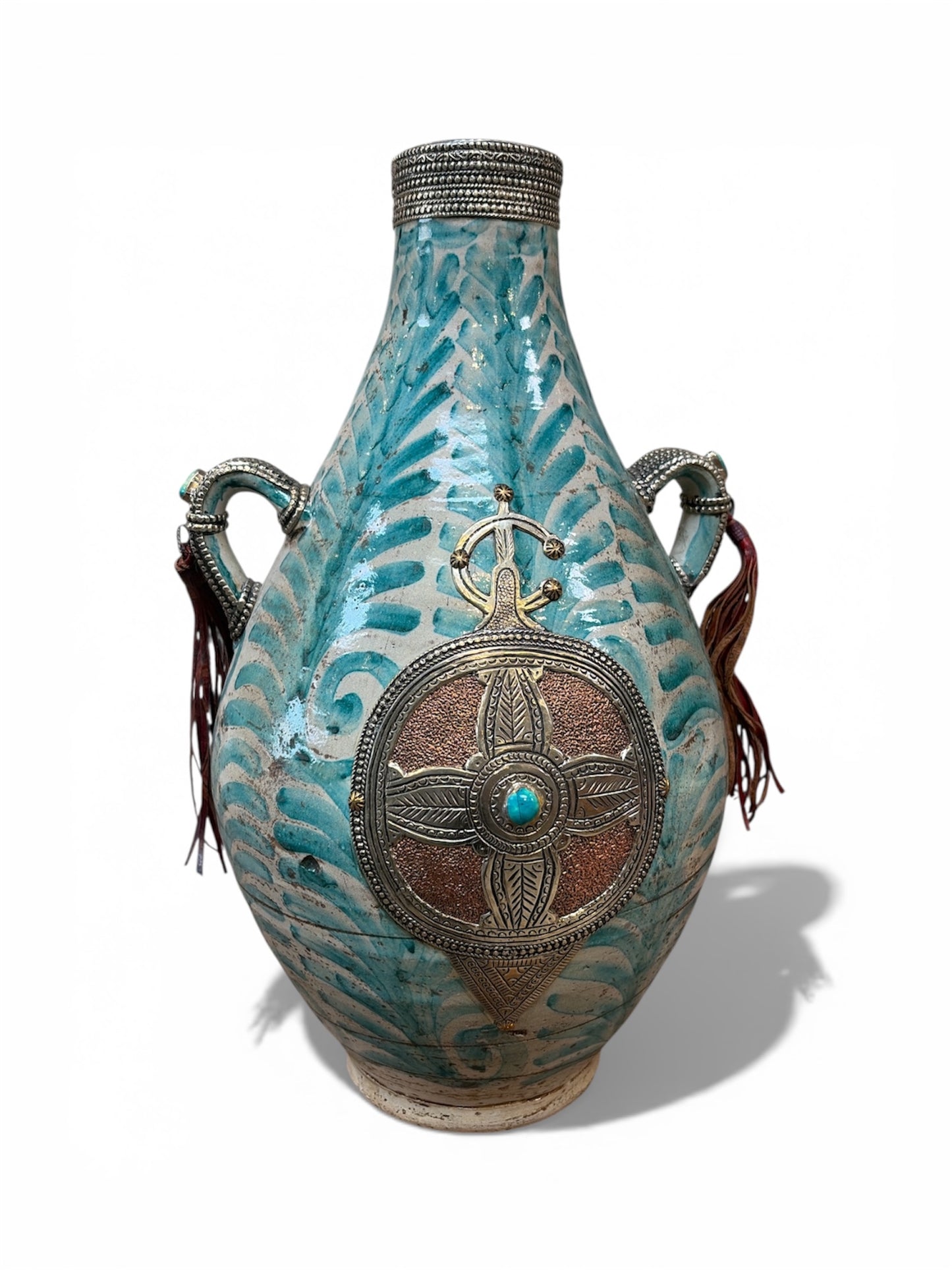 Morocco Medina Glazed Ceramic & Engraved Metal Clad Vase
