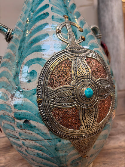 Morocco Medina Glazed Ceramic & Engraved Metal Clad Vase