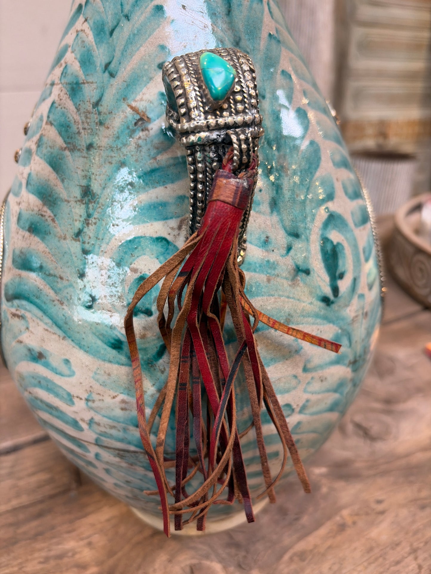 Morocco Medina Glazed Ceramic & Engraved Metal Clad Vase