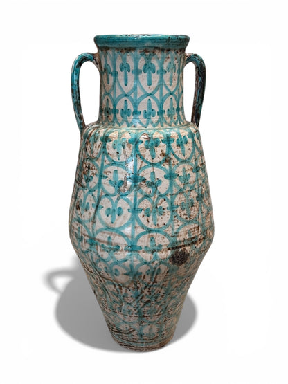 Morocco Medina Hand-Painted Ceramic Amphora Vase – Weathered Turquoise Lattice