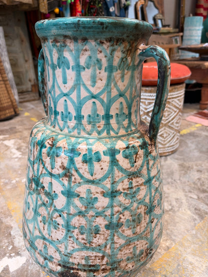 Morocco Medina Hand-Painted Ceramic Amphora Vase – Weathered Turquoise Lattice
