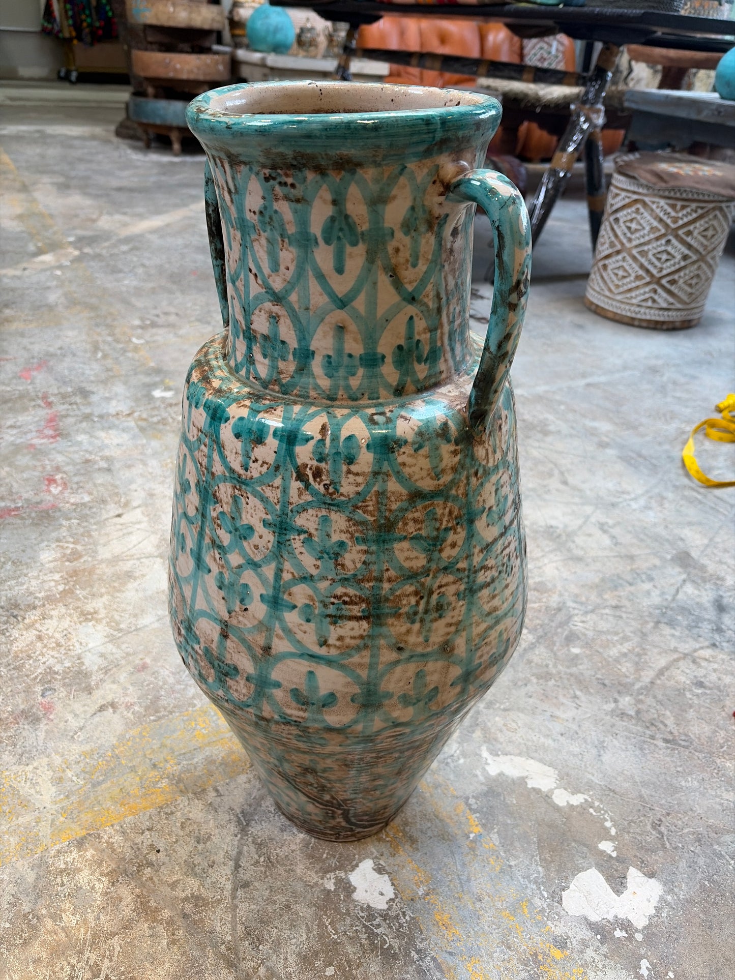 Morocco Medina Hand-Painted Ceramic Amphora Vase – Weathered Turquoise Lattice