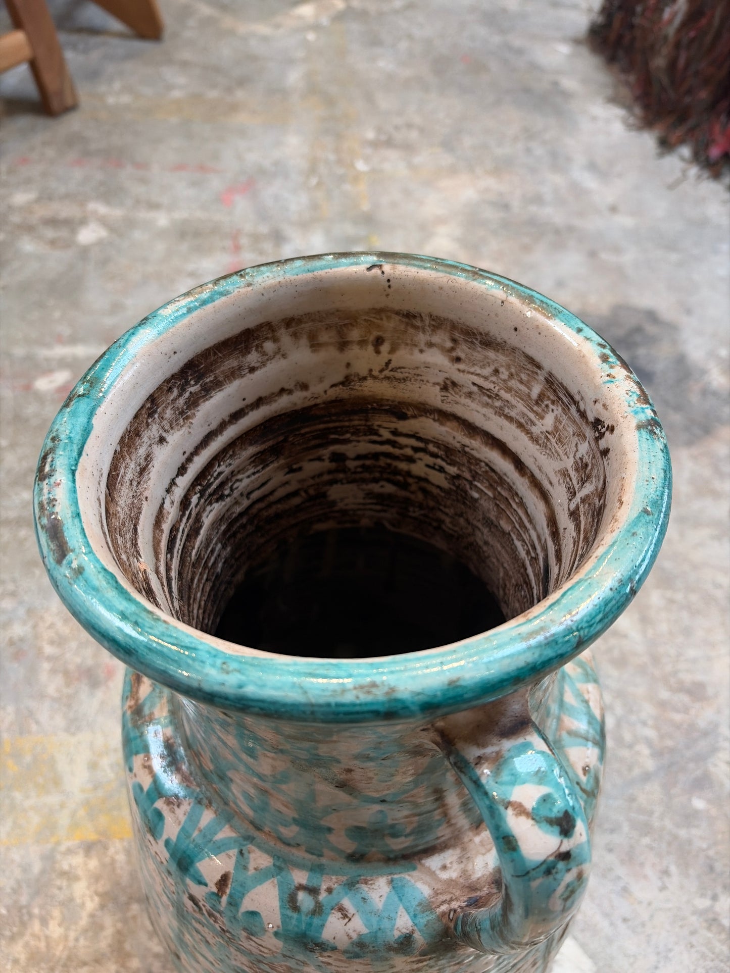 Morocco Medina Hand-Painted Ceramic Amphora Vase – Weathered Turquoise Lattice