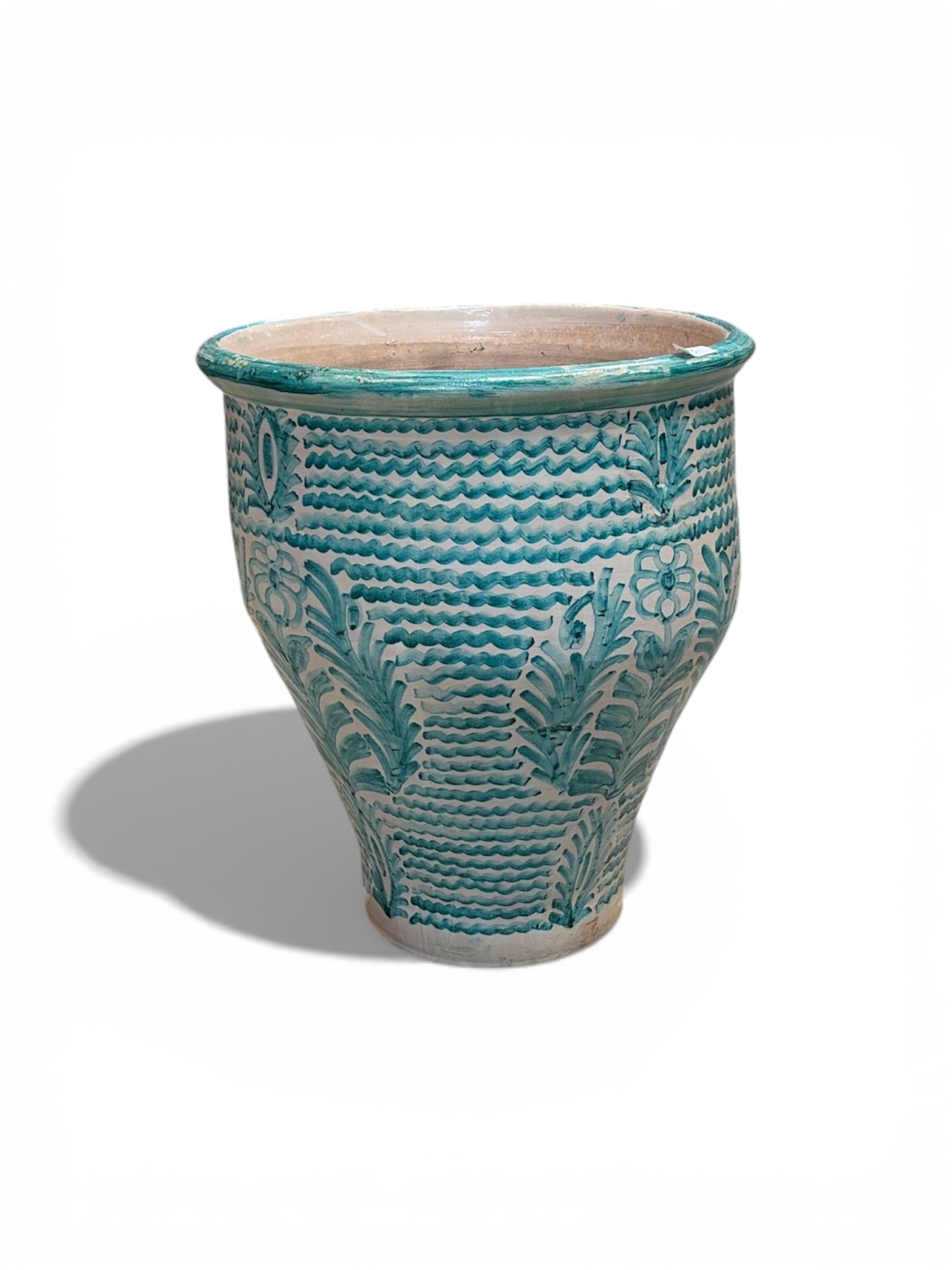 Morocco Medina Hand-Painted Ceramic Planter Vase – Teal Wave & Palm Floral 18.5"