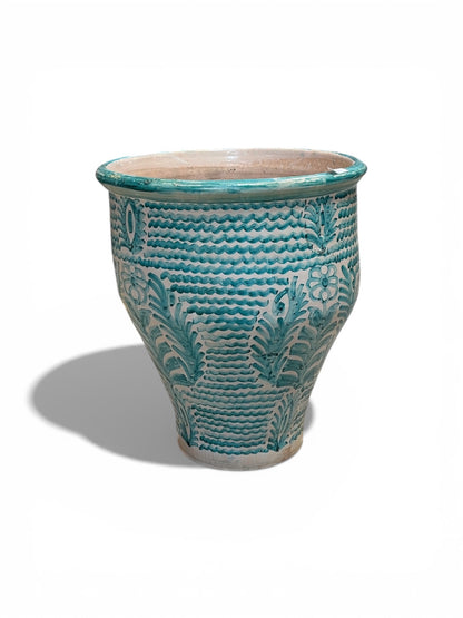 Morocco Medina Hand-Painted Ceramic Planter Vase – Teal Wave & Palm Floral 18.5"