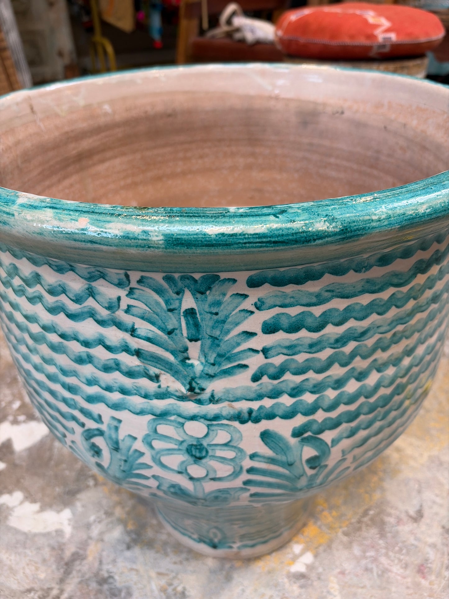 Morocco Medina Hand-Painted Ceramic Planter Vase – Teal Wave & Palm Floral 18.5"