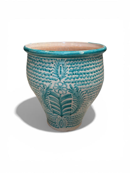 Morocco Medina Hand-Painted Ceramic Planter Vase – Teal Wave & Palm Floral 18"