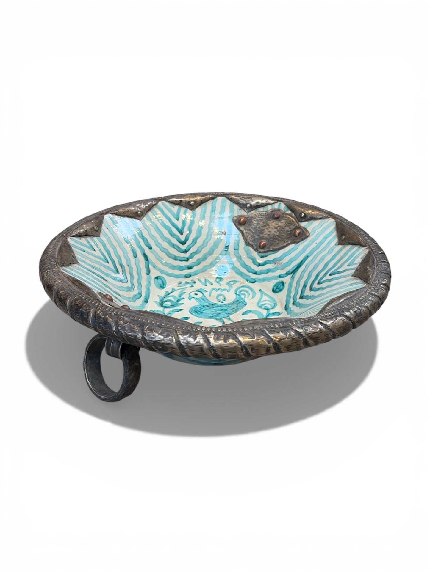 Morocco Medina Hand-Painted Ceramic & Iron Handle Bowl – Teal Bird Motif