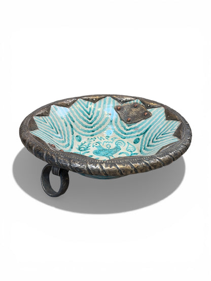 Morocco Medina Hand-Painted Ceramic & Iron Handle Bowl – Teal Bird Motif