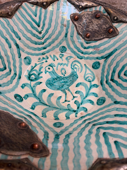 Morocco Medina Hand-Painted Ceramic & Iron Handle Bowl – Teal Bird Motif