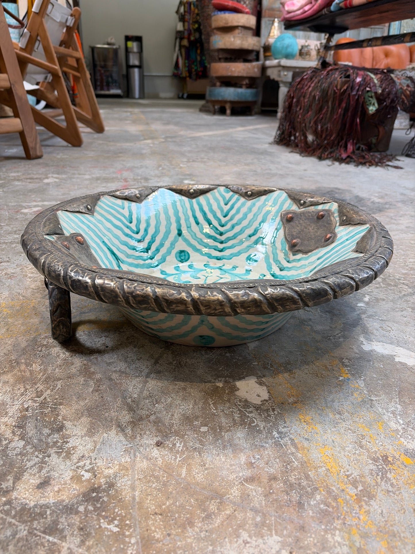 Morocco Medina Hand-Painted Ceramic & Iron Handle Bowl – Teal Bird Motif