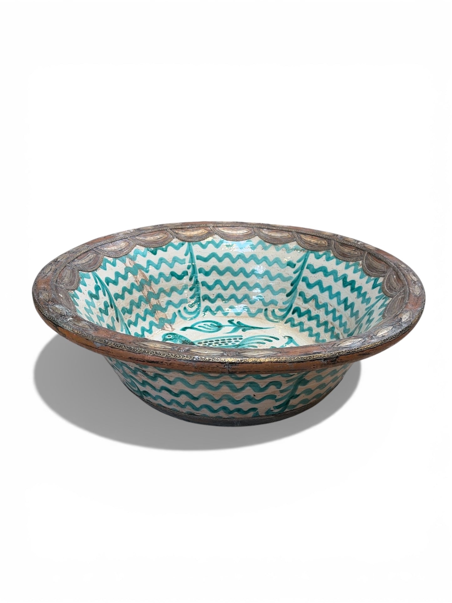 Morocco Medina Hand-Painted Ceramic & Metal Rim Bowl – Teal Wave & Bird