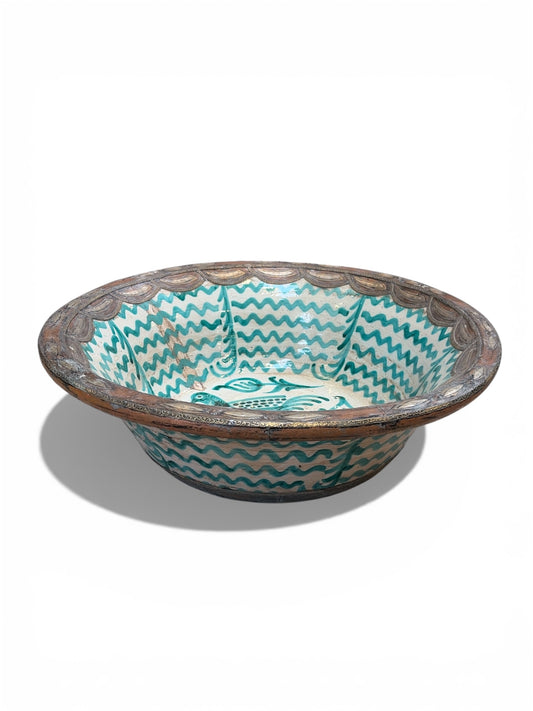 Morocco Medina Hand-Painted Ceramic & Metal Rim Bowl – Teal Wave & Bird