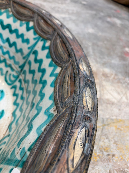 Morocco Medina Hand-Painted Ceramic & Metal Rim Bowl – Teal Wave & Bird