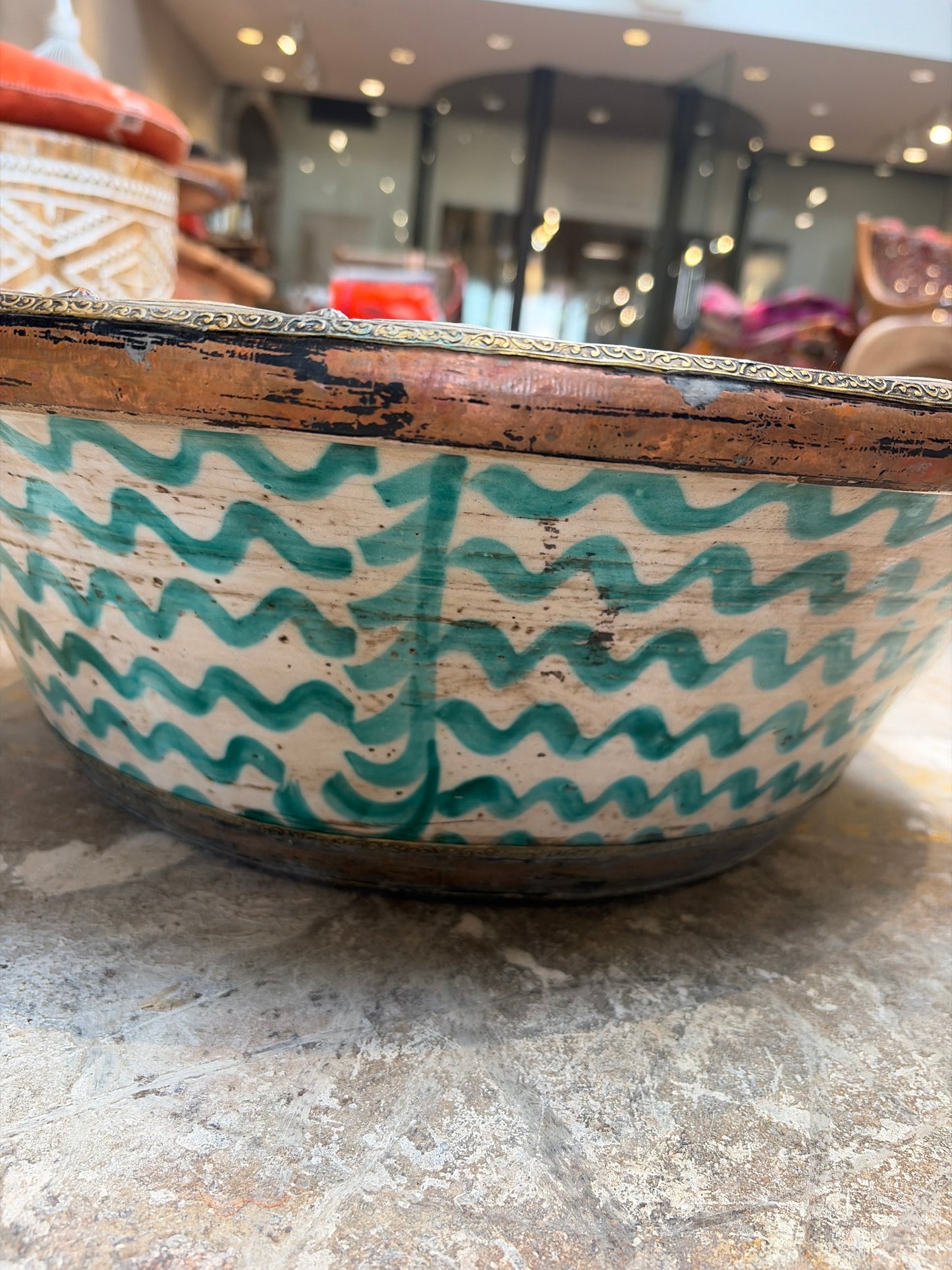 Morocco Medina Hand-Painted Ceramic & Metal Rim Bowl – Teal Wave & Bird