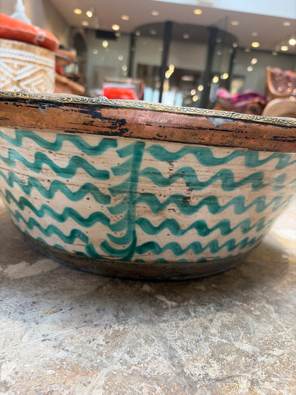 Morocco Medina Hand-Painted Ceramic & Metal Rim Bowl – Teal Wave & Bird