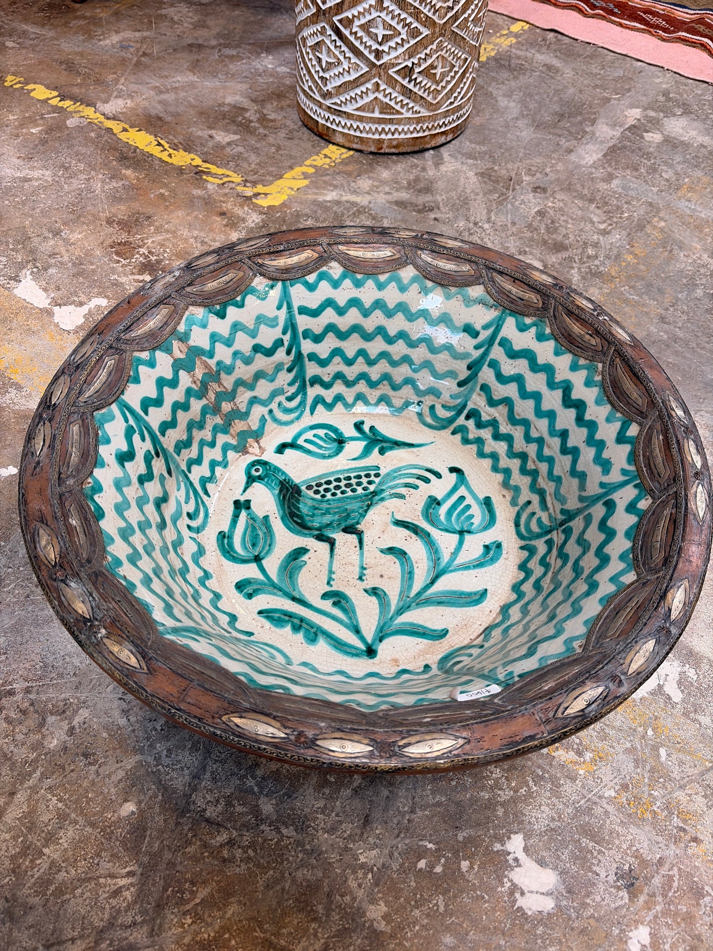 Morocco Medina Hand-Painted Ceramic & Metal Rim Bowl – Teal Wave & Bird