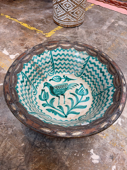 Morocco Medina Hand-Painted Ceramic & Metal Rim Bowl – Teal Wave & Bird