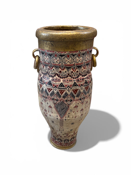 Morocco Medina Hand-Painted Wood & Gold Rim Amphora Vase – Red & Black Tribal