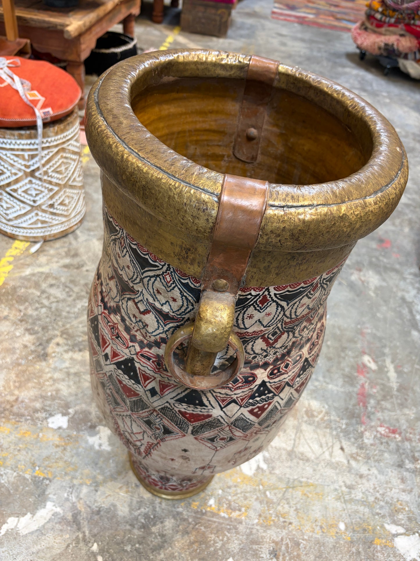 Morocco Medina Hand-Painted Wood & Gold Rim Amphora Vase – Red & Black Tribal