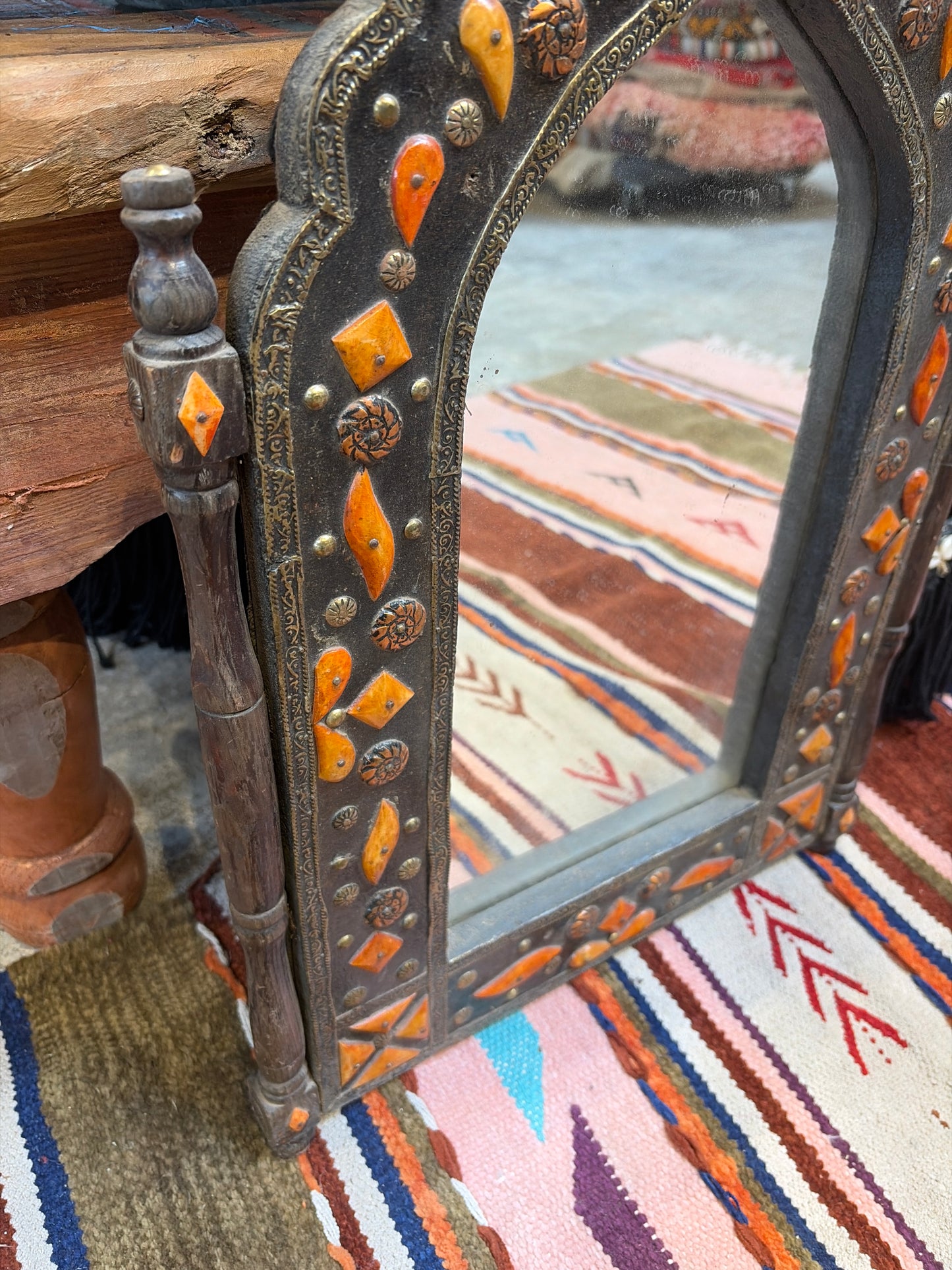 Morocco Medina Silver & Henna Bone Inlay Arched Mirror – Tribal Diamond