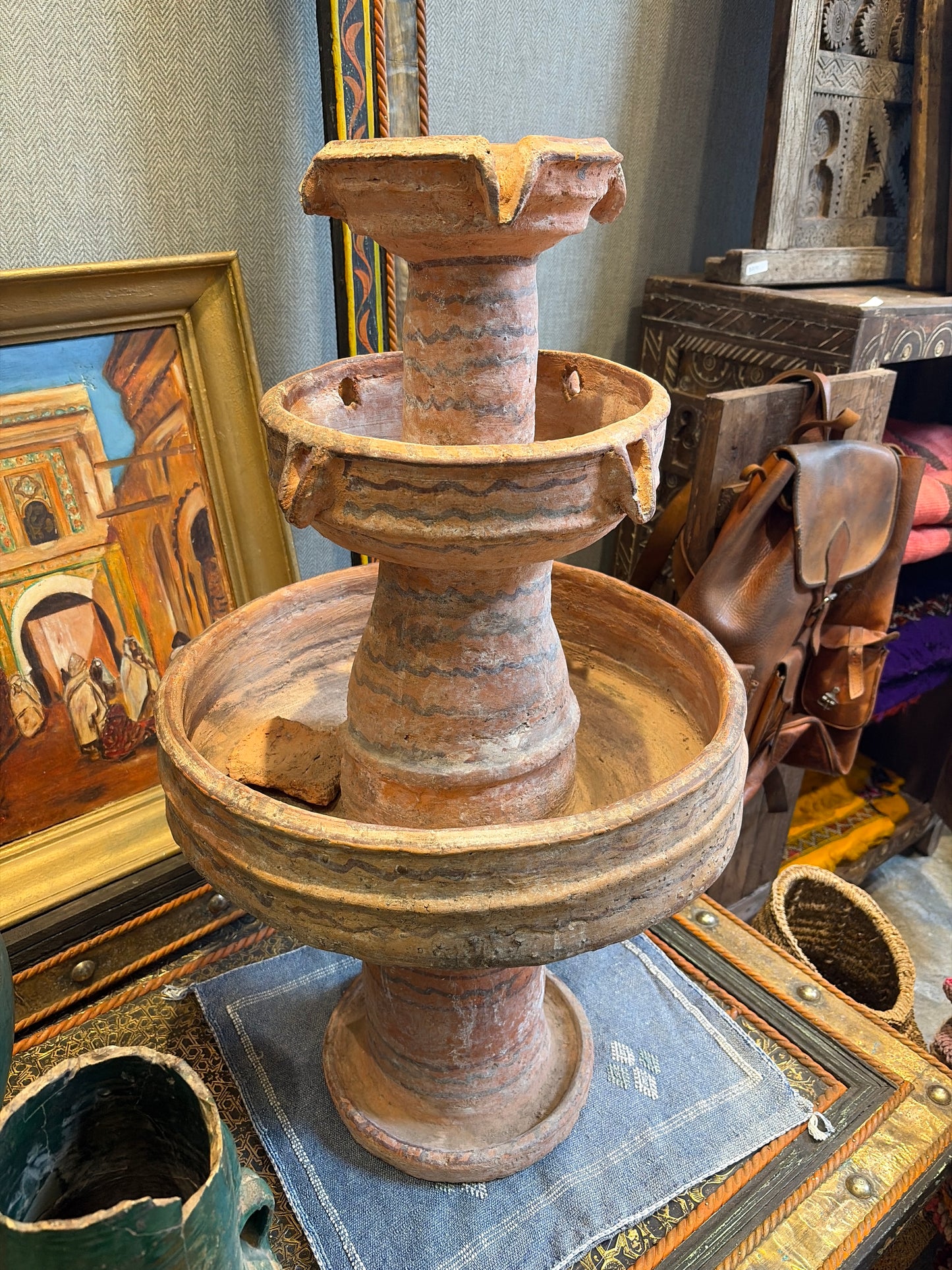 Morocco Medina Tiered Terracotta Fountain Sculpture – Rustic Tribal Wave