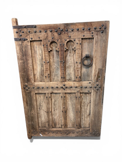 Morocco Medina Antique Natural Wood Paneled Door with Carved Horseshoe Arches, Concentric Engravings, and Iron Ring Pull