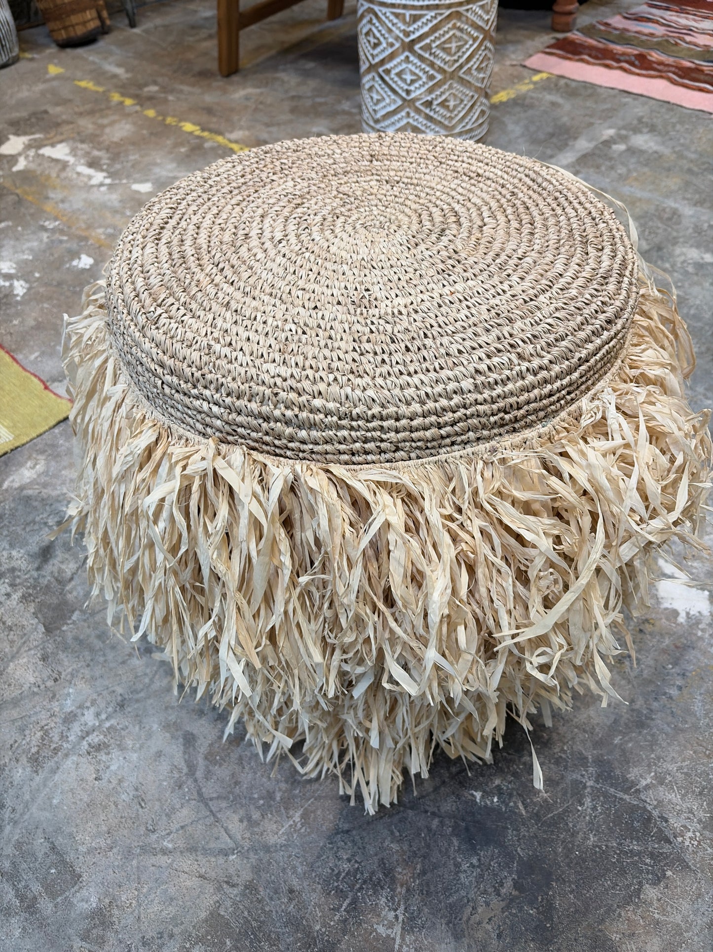 Nomadic Wild Raffia Fringe Drum Stool – Natural