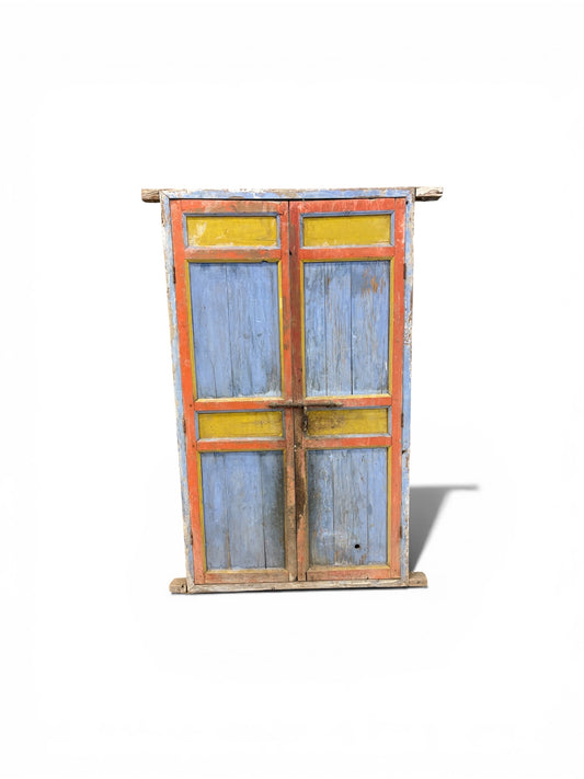 Morocco Medina Antique Distressed Orange, Blue, and Yellow Painted Wood Paneled Double Door with Iron Deadbolt